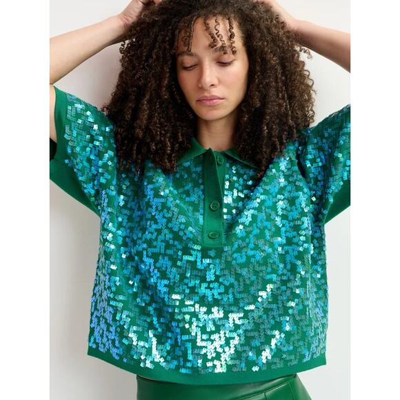 Essentiel Antwerp Tops - NWT Essentiel Antwerp Sequin Glitz Polo Top Short Sleeve Hulk Green Womens XS